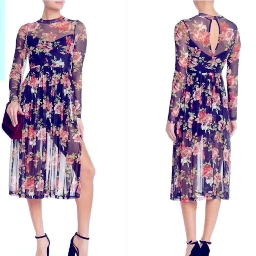 Navy blue Floral Mesh sheer Slit Dress skort shorts midi long sleeve fairy M/L